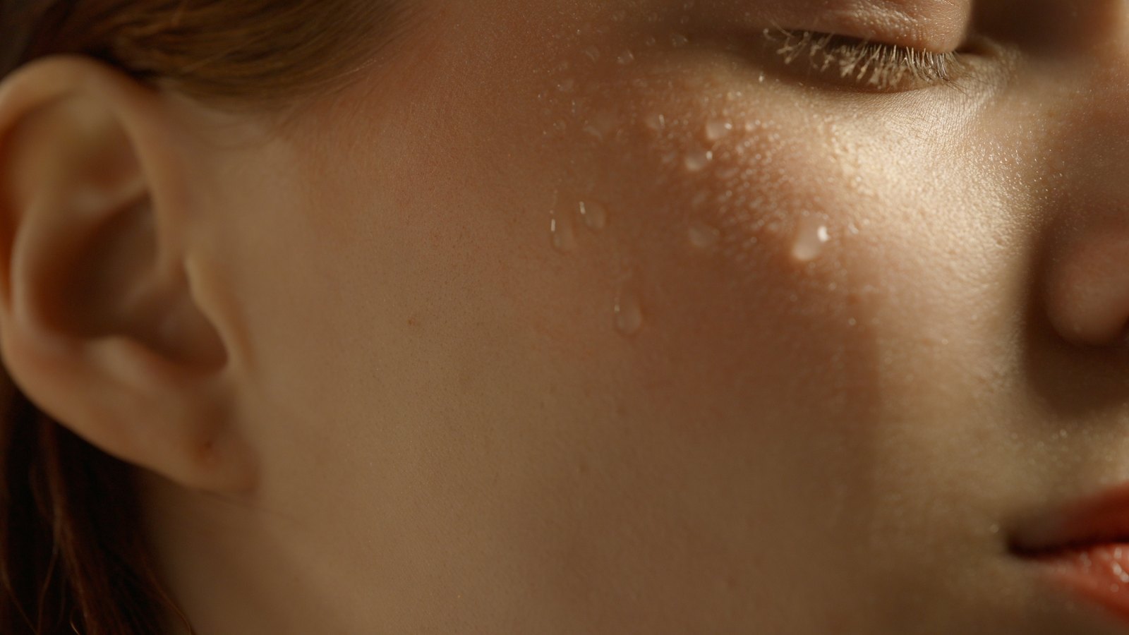 Beauty macro: the specular roll across the cheekbone, eyes closed