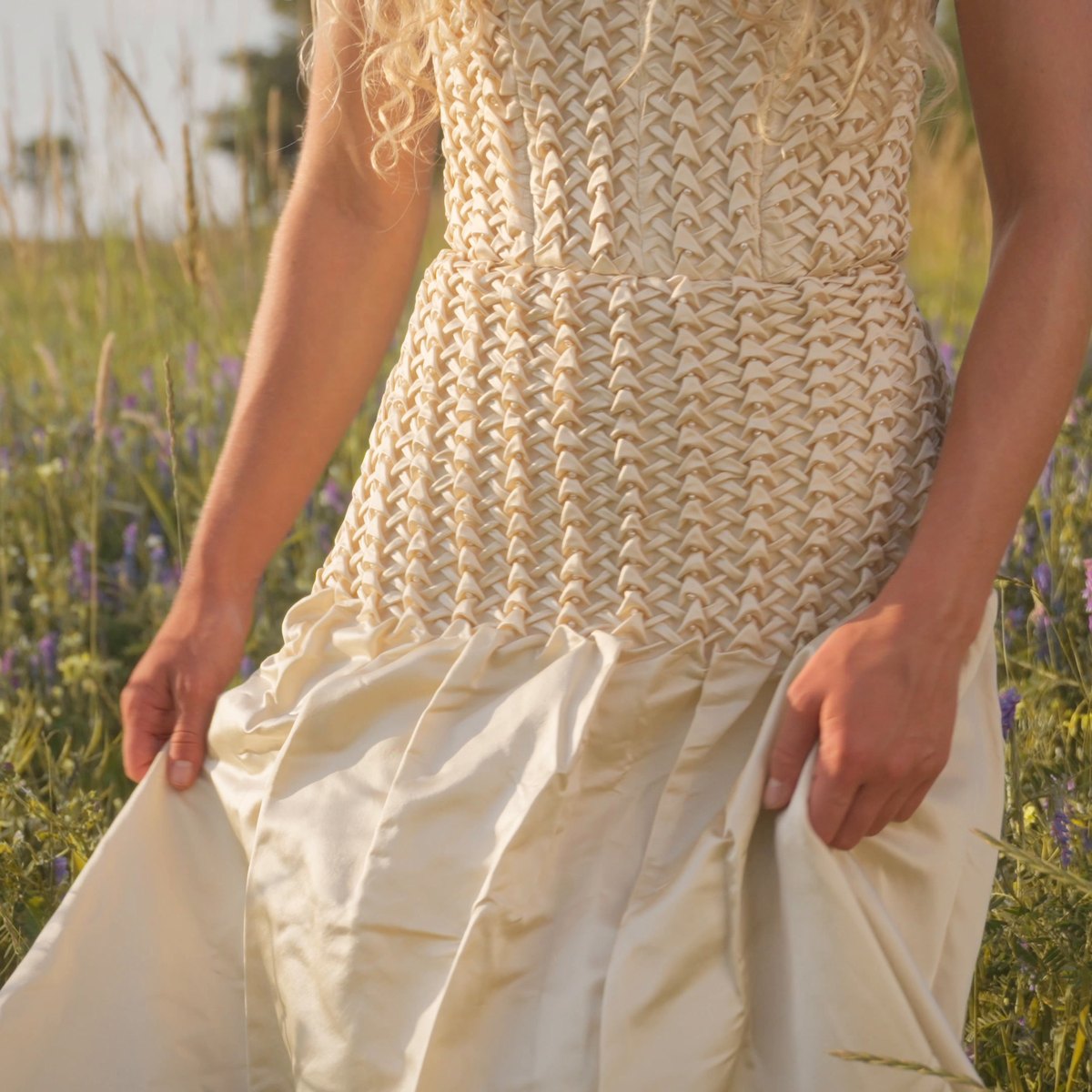 Macro of the smocking and the gathered satin hem