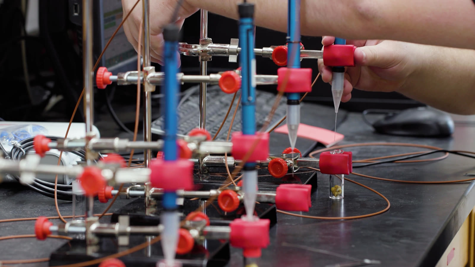 Hands adjusting the red and blue fittings on a rig of lab apparatus at the bench