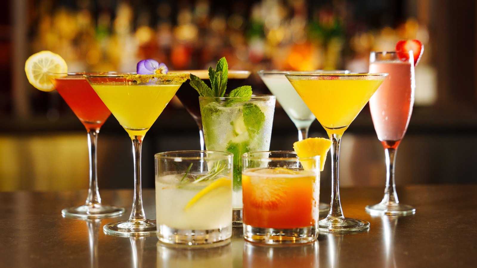 The drink program lined up across the bar top